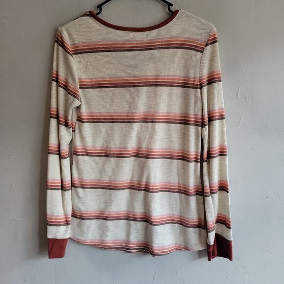 Women's medium Maurices long sleeve thermal shirt henley striped brown beige - Picture 2 of 6